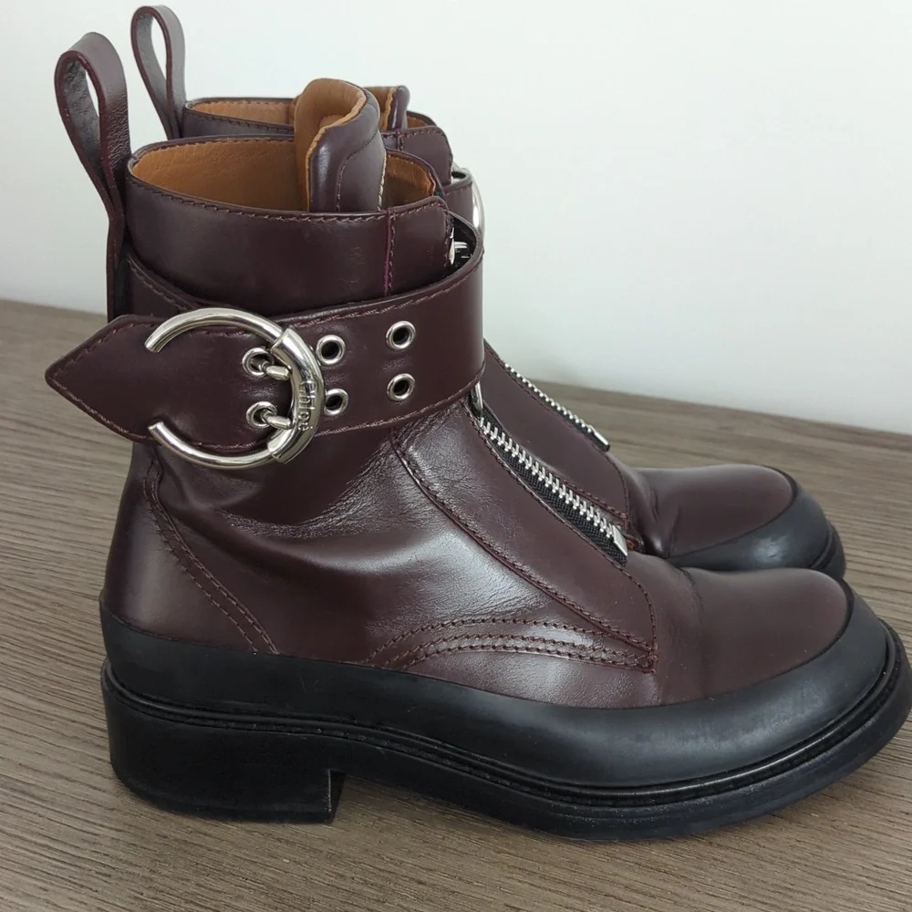 Chloe Women's Burgundy Leather Combat Boots 39.5 - Picture 4 of 7